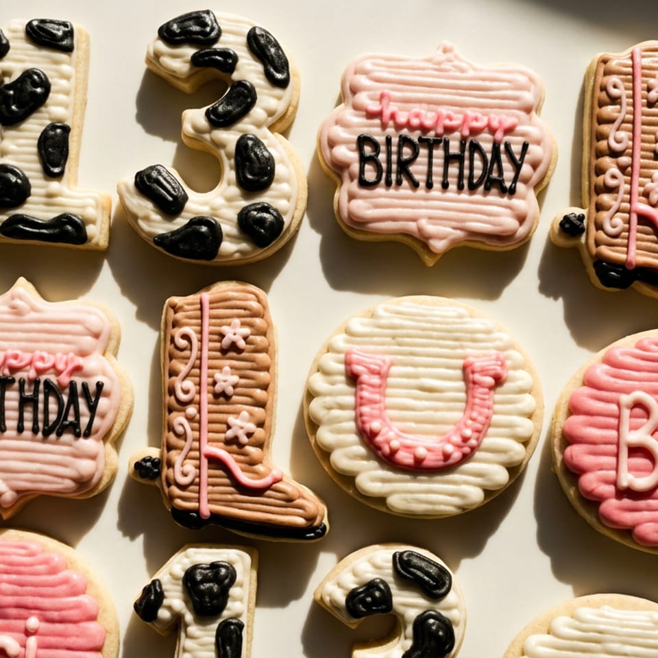 Assortment of cowboy-themed birthday cookies, including boots, horseshoes, and numbers 1 and 3.