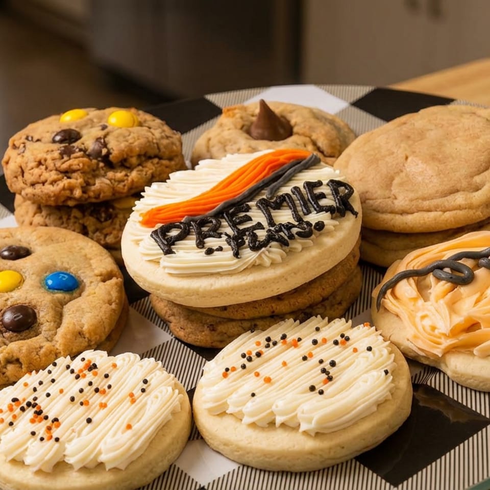 A black and white checkered plate filled with various cookies, including frosted and chocolate chip.
