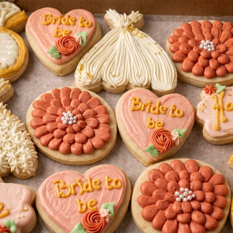 A box of bridal shower cookies, including wedding dresses, rings, and "Bride to be" hearts.