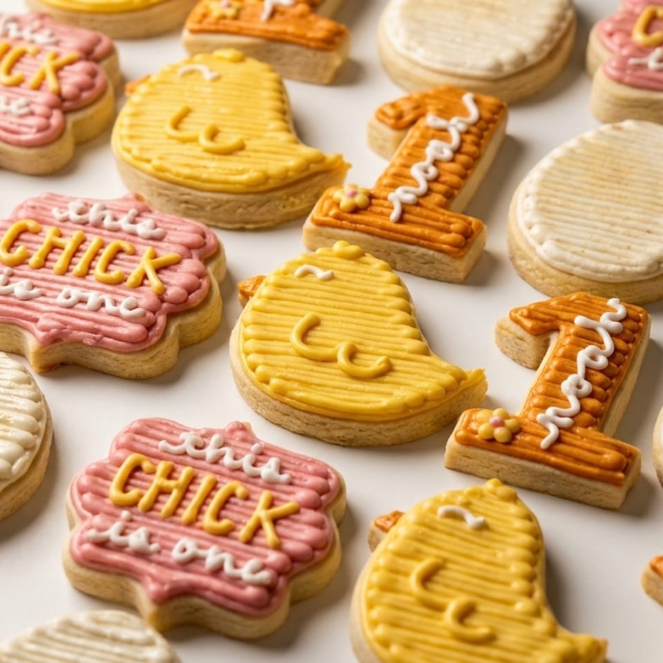Assortment of decorated cookies including chicks, eggs, and "This Chick is One" designs.