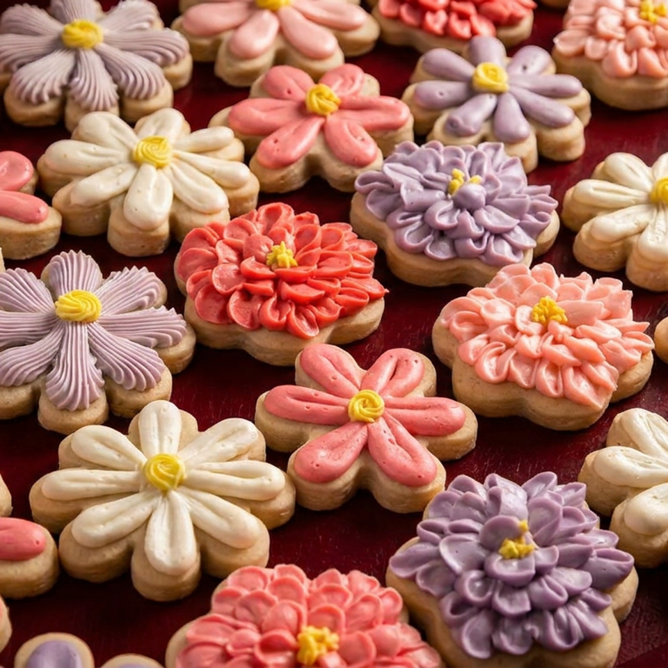 A tray of flower-shaped cookies with pink, purple, and white frosting, and yellow centers.