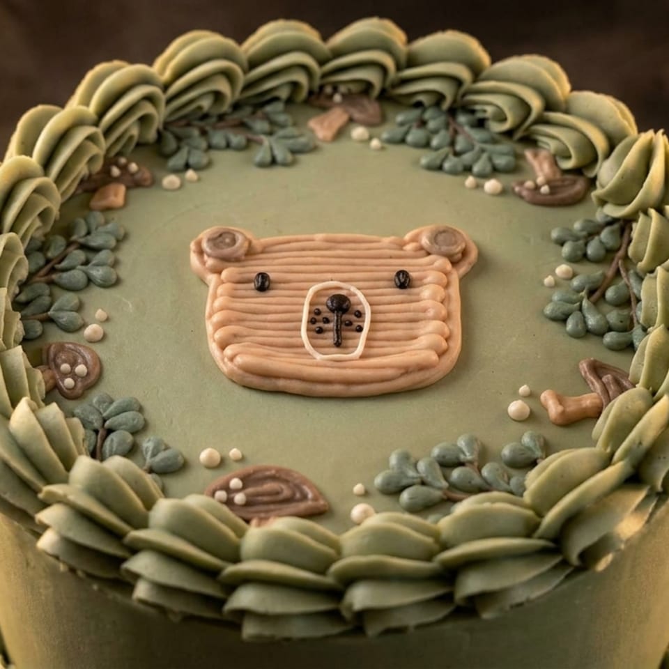 Green frosted cake with a bear face, mushrooms, and leaves on top, surrounded by piped frosting.
