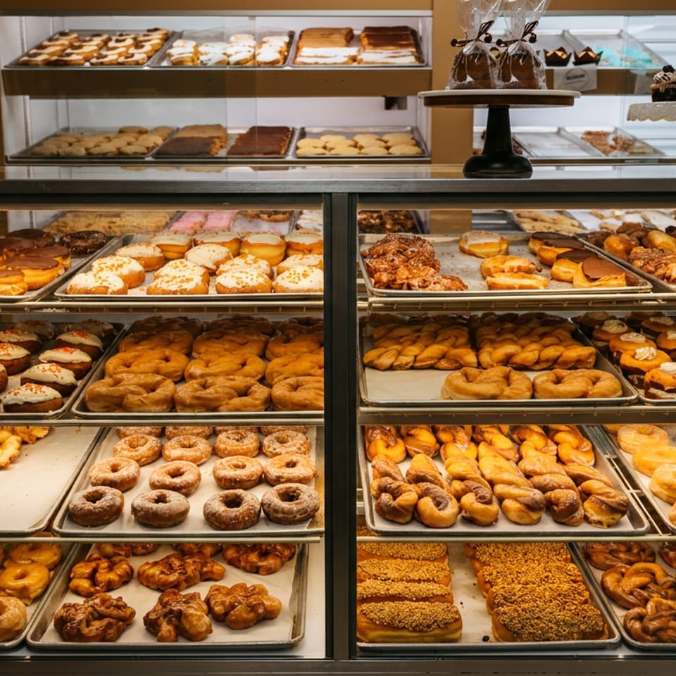 A brightly lit bakery display case filled with rows of various donuts, pastries, and cookies.