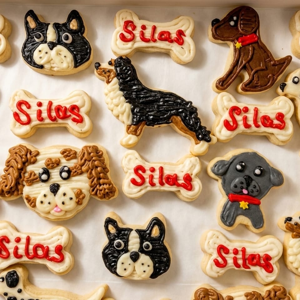 A box filled with dog-shaped and bone-shaped cookies, many with "Silas" written in red icing.