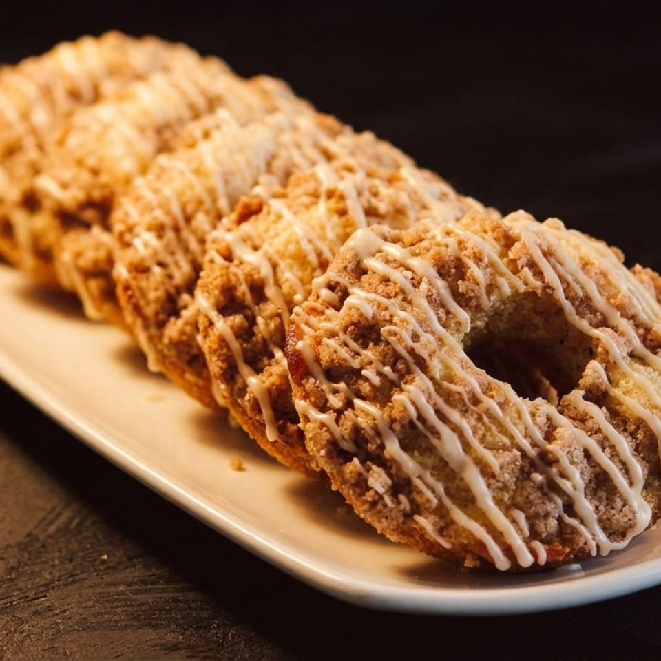 A row of five crumb-topped donuts with white icing drizzle on a white rectangular plate.