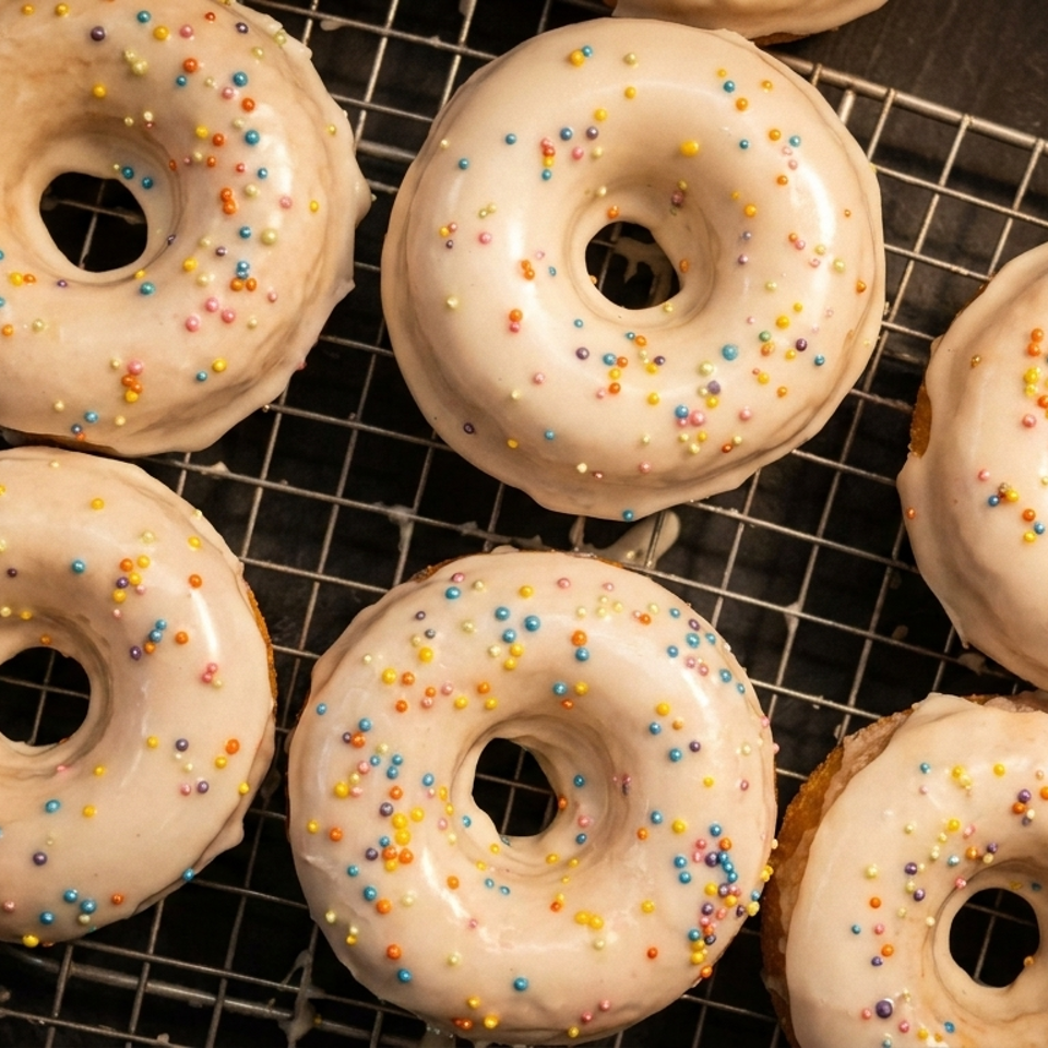Six glazed donuts with colorful sprinkles cooling on a metal rack.