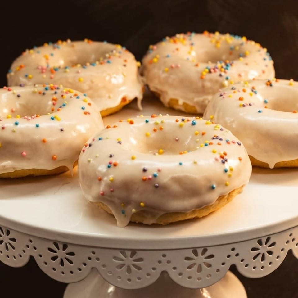 Five vanilla-glazed donuts with colorful sprinkles on a white scalloped cake stand.
