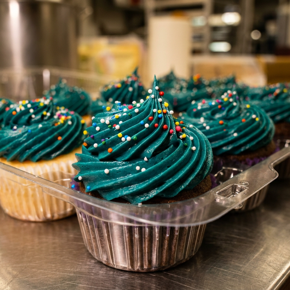 Cupcakes with teal frosting and colorful sprinkles in clear plastic containers on a metal counter.