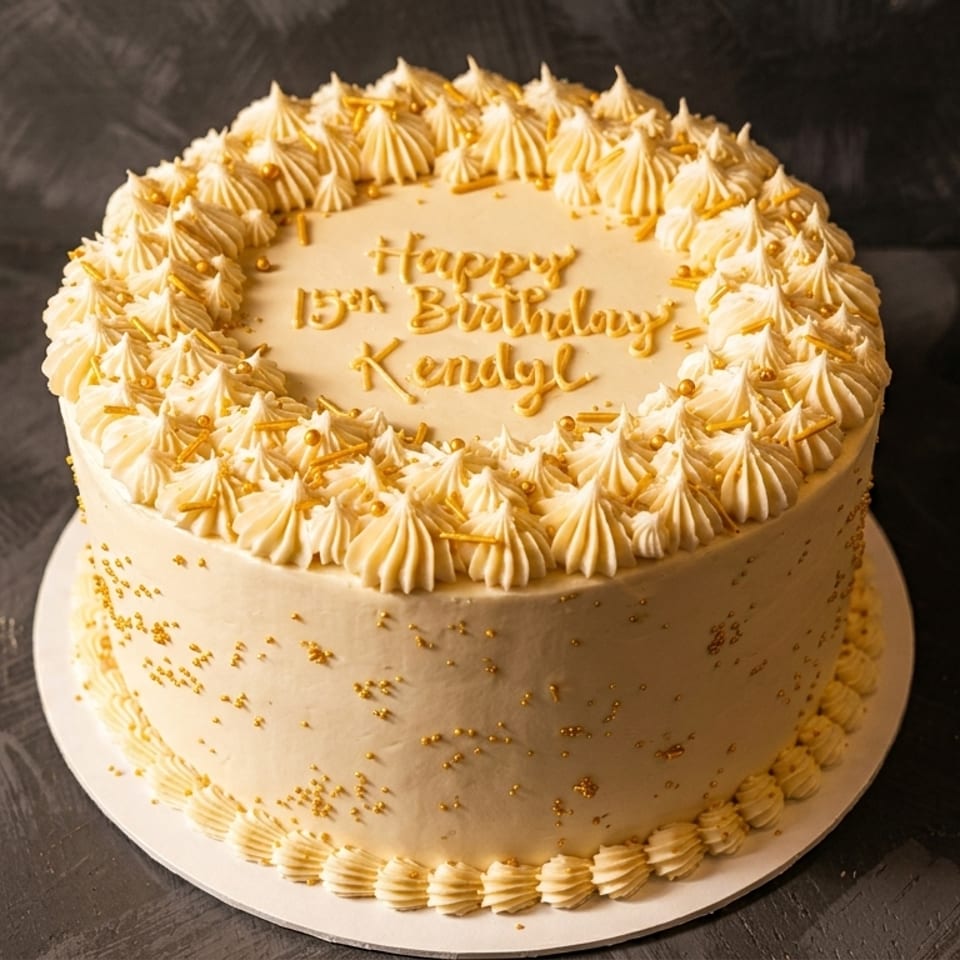 White birthday cake with gold frosting, sprinkles, and "Happy 15th Birthday Kendyl" written on top.